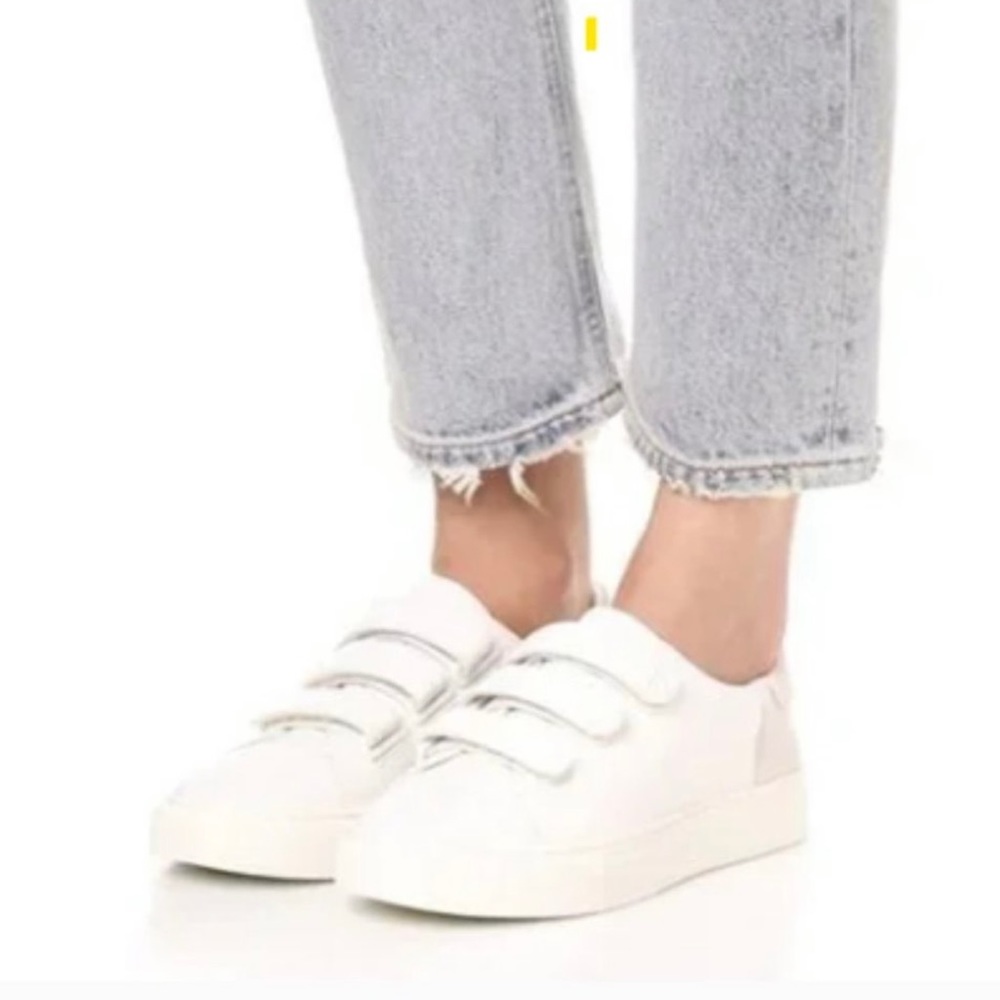 Leather Monochromatic Triple-Strap Sneakers, with suede heel counters.